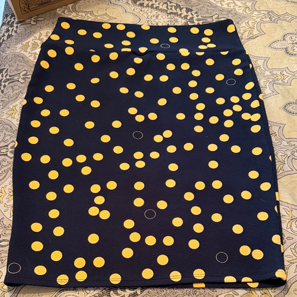 LuLaRoe Dark Blue and Dark Yellow Polka Dot Cassie Pencil Skirt - Picture 8 of 10